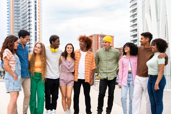 Happy Playful Multiethnic Group Young Friends Bonding Outdoors Multiracial Millennials — Stock Photo, Image