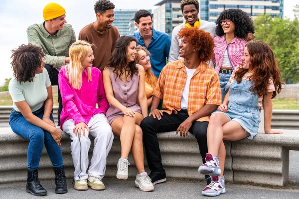 Happy Playful Multiethnic Group Young Friends Bonding Outdoors Multiracial Millennials — Stock Photo, Image