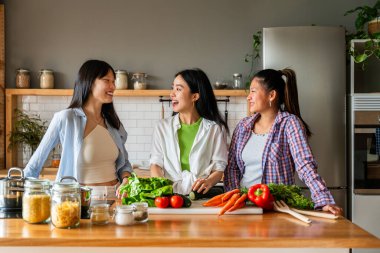 Mutlu Çinli kadın arkadaşlar evde kaynaşıyor ve birlikte lezzetli yemekler pişiriyorlar eğlenceli Asyalı kadın yetişkinler buluşuyor ve evde eğleniyorlar, yaşam tarzı, ev hayatı ve arkadaşlık kavramları.