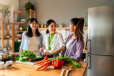 Mutlu Çinli kadın arkadaşlar evde kaynaşıyor ve birlikte lezzetli yemekler pişiriyorlar eğlenceli Asyalı kadın yetişkinler buluşuyor ve evde eğleniyorlar, yaşam tarzı, ev hayatı ve arkadaşlık kavramları.
