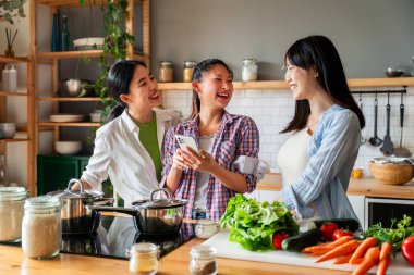 Mutlu Çinli kadın arkadaşlar evde kaynaşıyor ve birlikte lezzetli yemekler pişiriyorlar eğlenceli Asyalı kadın yetişkinler buluşuyor ve evde eğleniyorlar, yaşam tarzı, ev hayatı ve arkadaşlık kavramları.
