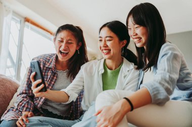 Mutlu güzel Çinli kadın arkadaşlar evde kaynaşıyor, eğlenceli Asyalı kadın yetişkinler buluşuyor ve evde eğleniyorlar, yaşam tarzı, aile hayatı ve arkadaşlık kavramları