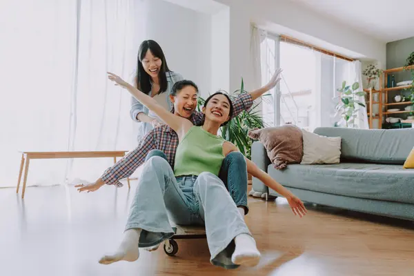 Happy Beautiful Chinese Women Friends Bonding Home Playful Pretty Asian — Stock Photo, Image