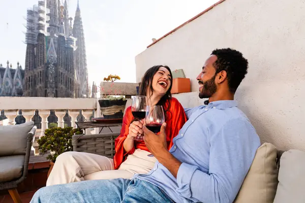 Multiracial Beautiful Happy Couple Lovers Dating Rooftop Balcony Sagrada Familia — Stock Photo, Image
