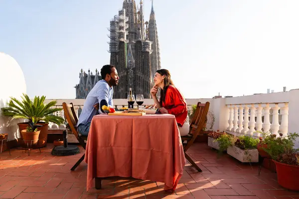 Multiracial Beautiful Happy Couple Lovers Dating Rooftop Balcony Sagrada Familia — Stock Photo, Image