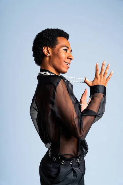Fluid Gender Hispanic Latin Black Man Posing Studio Fashionable Clothing — Stock Photo, Image