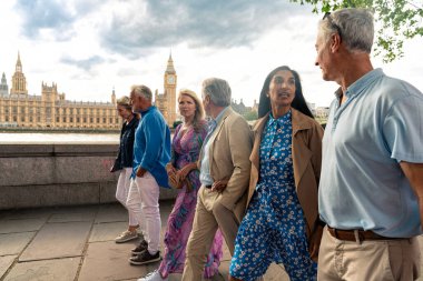 Londra 'nın ana kısımlarında, Westminster bölgesini ve St. James Park' ı ziyaret eden bir grup eski dost. Eski dostlar buluşması. Üçüncü yaş ve kıdem kavramları