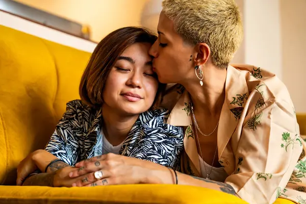 Stock image Homosexual leasbian couple bonding at home, LGBTQ and diversity concepts - Beautiful lesbian pair of lovers spending time together, LGBT people concept