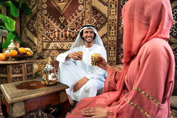Young Couple Emirati Spending Time Arabian Traditional Cafe Man Woman — Stock Photo, Image
