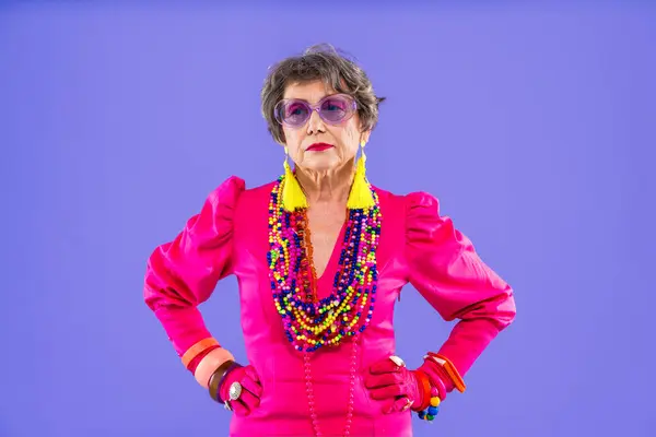 Happy Funny Senior Old Woman Wearing Fashinable Clothing Colorful Background — Stock Photo, Image