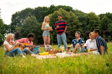 Çok ırklı bir grup genç parkta piknik yapmak için dışarıda zaman geçiriyorlar. Z kuşağı, yaşam tarzı ve arkadaşlık kavramları