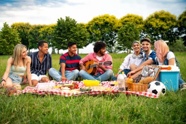 Çok ırklı bir grup genç parkta piknik yapmak için dışarıda zaman geçiriyorlar. Z kuşağı, yaşam tarzı ve arkadaşlık kavramları
