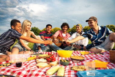 Çok ırklı bir grup genç parkta piknik yapmak için dışarıda zaman geçiriyorlar. Z kuşağı, yaşam tarzı ve arkadaşlık kavramları