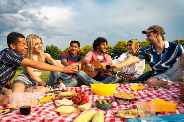 Çok ırklı bir grup genç parkta piknik yapmak için dışarıda zaman geçiriyorlar. Z kuşağı, yaşam tarzı ve arkadaşlık kavramları