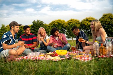 Çok ırklı bir grup genç parkta piknik yapmak için dışarıda zaman geçiriyorlar. Z kuşağı, yaşam tarzı ve arkadaşlık kavramları