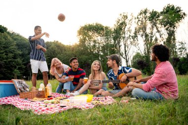 Çok ırklı bir grup genç parkta piknik yapmak için dışarıda zaman geçiriyorlar. Z kuşağı, yaşam tarzı ve arkadaşlık kavramları