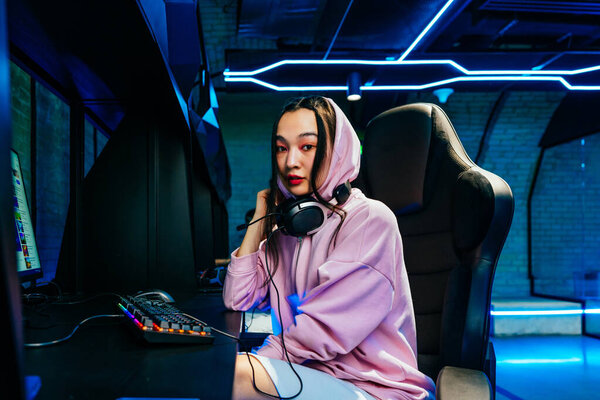 Beautiful Young Asian Woman Playing Videogames Internet Cafe Videogamer Having Royalty Free Stock Photos