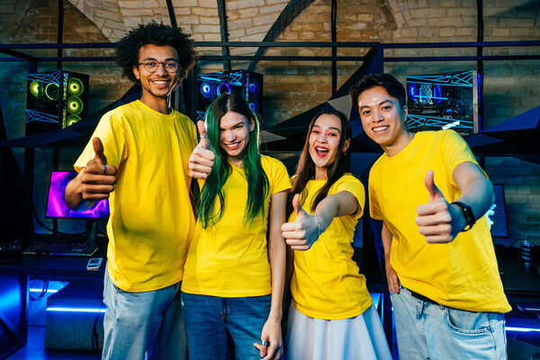 Multiethnic Group Young Friends Playing Videogames Team Professional Esport Gamers Stock Picture