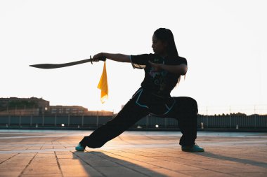 Çinli genç bir kadın dışarıda Wushu kung fu 'su yapıyor. Dövüş sanatları eğitimi alan genç bir kız..