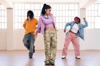 Çok ırklı hip-hop dansçılarından oluşan genç bir grup renkli sokak kıyafetleri giyip dans ediyorlar.