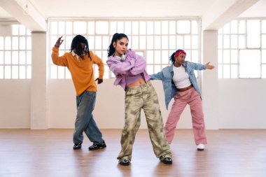 Çok ırklı hip-hop dansçılarından oluşan genç bir grup renkli sokak kıyafetleri giyip dans ediyorlar.