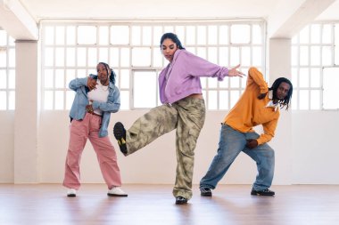 Çok ırklı hip-hop dansçılarından oluşan genç bir grup renkli sokak kıyafetleri giyip dans ediyorlar.