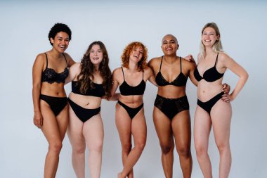 Çeşitliliği ve kendine saygıyı kutlamak için stüdyoda poz veren çok ırklı kadın iç çamaşırı giyen bir grup kadın. Vücut pozitifliği, özgünlük, kadın gücü ve beden kabulü kavramları.