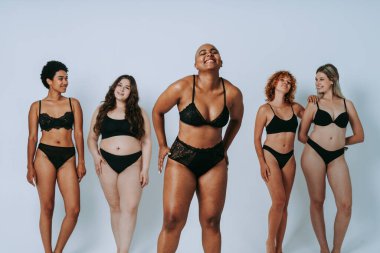 Çeşitliliği ve kendine saygıyı kutlamak için stüdyoda poz veren çok ırklı kadın iç çamaşırı giyen bir grup kadın. Vücut pozitifliği, özgünlük, kadın gücü ve beden kabulü kavramları.