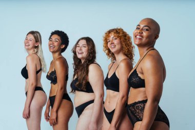 Çeşitliliği ve kendine saygıyı kutlamak için stüdyoda poz veren çok ırklı kadın iç çamaşırı giyen bir grup kadın. Vücut pozitifliği, özgünlük, kadın gücü ve beden kabulü kavramları.