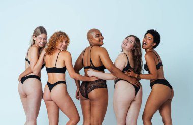 Çeşitliliği ve kendine saygıyı kutlamak için stüdyoda poz veren çok ırklı kadın iç çamaşırı giyen bir grup kadın. Vücut pozitifliği, özgünlük, kadın gücü ve beden kabulü kavramları.