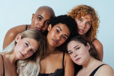 Çeşitliliği ve kendine saygıyı kutlamak için stüdyoda poz veren çok ırklı kadın iç çamaşırı giyen bir grup kadın. Vücut pozitifliği, özgünlük, kadın gücü ve beden kabulü kavramları.