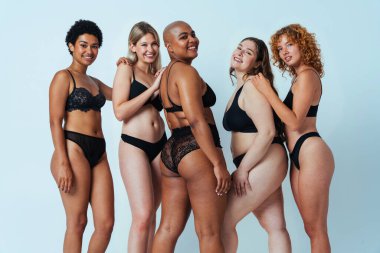 Çeşitliliği ve kendine saygıyı kutlamak için stüdyoda poz veren çok ırklı kadın iç çamaşırı giyen bir grup kadın. Vücut pozitifliği, özgünlük, kadın gücü ve beden kabulü kavramları.