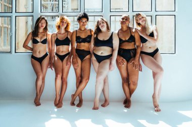 Çeşitliliği ve kendine saygıyı kutlamak için stüdyoda poz veren çok ırklı kadın iç çamaşırı giyen bir grup kadın. Vücut pozitifliği, özgünlük, kadın gücü ve beden kabulü kavramları.