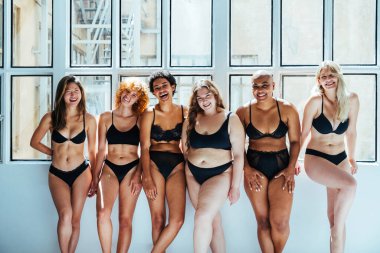 Çeşitliliği ve kendine saygıyı kutlamak için stüdyoda poz veren çok ırklı kadın iç çamaşırı giyen bir grup kadın. Vücut pozitifliği, özgünlük, kadın gücü ve beden kabulü kavramları.