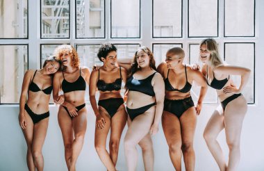 Çeşitliliği ve kendine saygıyı kutlamak için stüdyoda poz veren çok ırklı kadın iç çamaşırı giyen bir grup kadın. Vücut pozitifliği, özgünlük, kadın gücü ve beden kabulü kavramları.