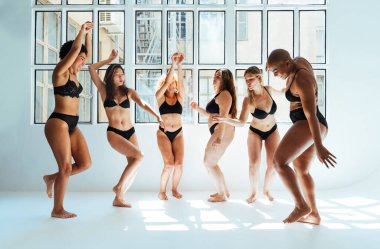 Çeşitliliği ve kendine saygıyı kutlamak için stüdyoda poz veren çok ırklı kadın iç çamaşırı giyen bir grup kadın. Vücut pozitifliği, özgünlük, kadın gücü ve beden kabulü kavramları.