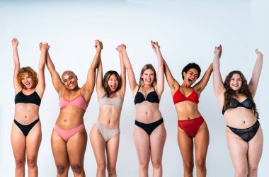 Çeşitliliği ve kendine saygıyı kutlamak için stüdyoda poz veren çok ırklı kadın iç çamaşırı giyen bir grup kadın. Vücut pozitifliği, özgünlük, kadın gücü ve beden kabulü kavramları.