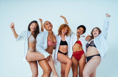 Çeşitliliği ve kendine saygıyı kutlamak için stüdyoda poz veren çok ırklı kadın iç çamaşırı giyen bir grup kadın. Vücut pozitifliği, özgünlük, kadın gücü ve beden kabulü kavramları.