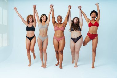 Çeşitliliği ve kendine saygıyı kutlamak için stüdyoda poz veren çok ırklı kadın iç çamaşırı giyen bir grup kadın. Vücut pozitifliği, özgünlük, kadın gücü ve beden kabulü kavramları.