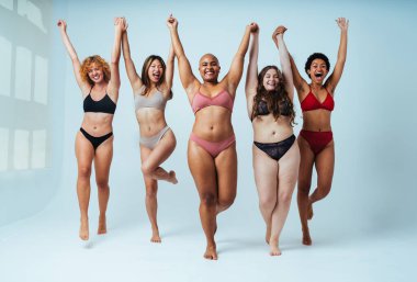 Çeşitliliği ve kendine saygıyı kutlamak için stüdyoda poz veren çok ırklı kadın iç çamaşırı giyen bir grup kadın. Vücut pozitifliği, özgünlük, kadın gücü ve beden kabulü kavramları.