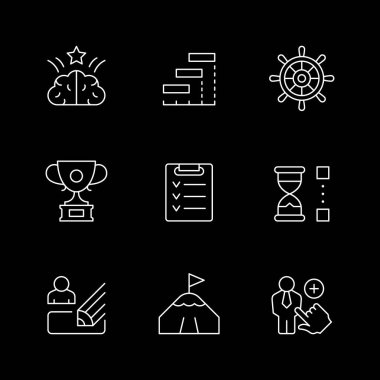Proje yönetiminin çizgi simgelerini siyaha ayır. Fikir, mühlet veya kilometre taşı, gemi çarkı, kupa, kontrol listesi, zaman, mesaj, hedef veya hedef, insan kaynakları. Vektör illüstrasyonu