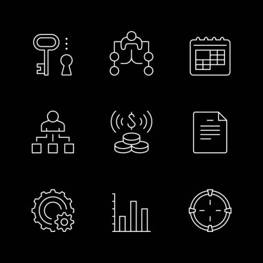 Proje yönetiminin çizgi simgelerini siyaha ayır. Problem çözümü, toplantı, takvim, şirket yapısı, para veya finans, çark veya ayarlar, grafik veya grafik. Vektör illüstrasyonu