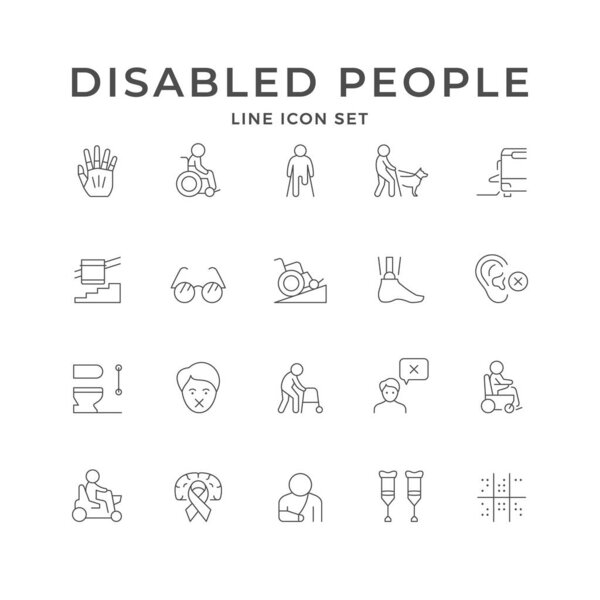 Set line icons of disabled people isolated on white. Public transport with accessible ramp, braille, person with physical or mental disability, prosthesis, eyeglasses for blind. Vector illustration