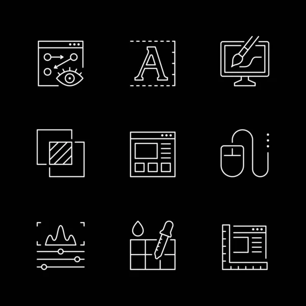 Establecer Iconos Línea Diseño Web Aislado Negro Tipografía Desarrollo Sitios — Vector de stock