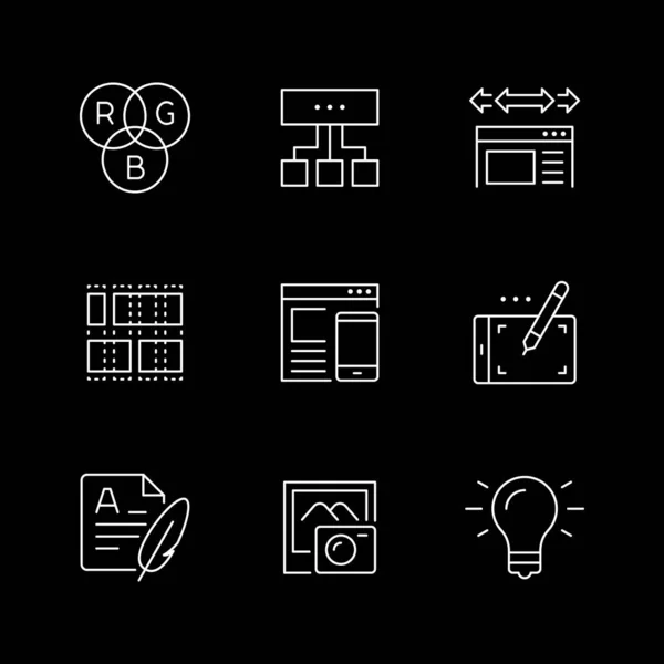 Встановити Піктограми Рядків Веб Дизайну Ізольовані Чорному Кольорова Схема Сітка — стоковий вектор
