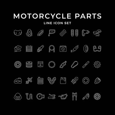 Motosiklet parçalarının çizgi simgelerini siyaha ayır. Piston, ön cam, akü, benzin deposu, şanzıman, zincir, elektrik kabloları, lastik. Vektör illüstrasyonu