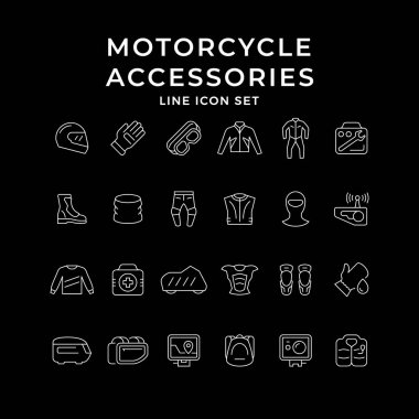 Siyaha izole edilmiş motosiklet kıyafetleri ve aksesuarları. Genel olarak karanfil, ceket, alet çantası, kask, pantolon, forma, sırt çantası, yelek. Bisiklet ekipmanları. Vektör illüstrasyonu