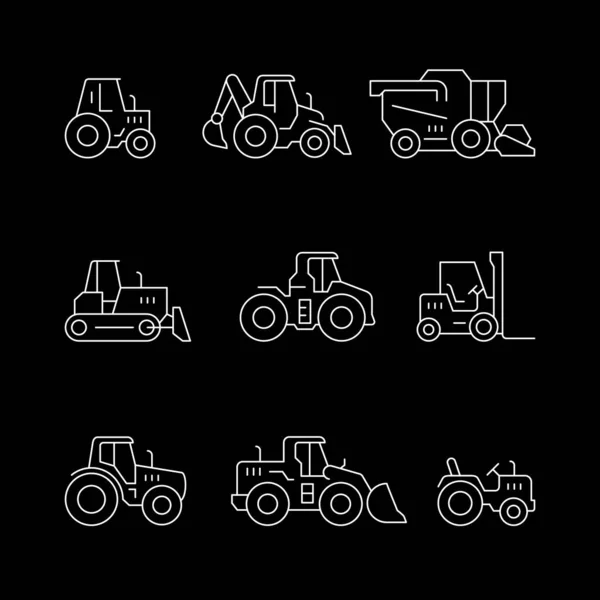 Setzen Sie Zeilensymbole Von Traktoren Isoliert Auf Schwarz Mähdrescher Bulldozer — Stockvektor