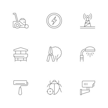 Ev servisinin simgelerini beyaza ayır. Çim taşıma, elektrik, baca temizleme, bahçıvan, sokak lambası, kapalı devre televizyon, boya, böcek kontrolü. Vektör illüstrasyonu