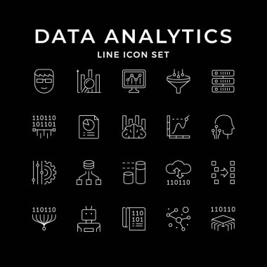 Veri analizlerinin çizgi simgelerini siyaha ayır. Grafik, huni, bilgi işleme, rapor, bulut hesaplama, makine öğrenme, grafikle, çalışanla. Vektör illüstrasyonu